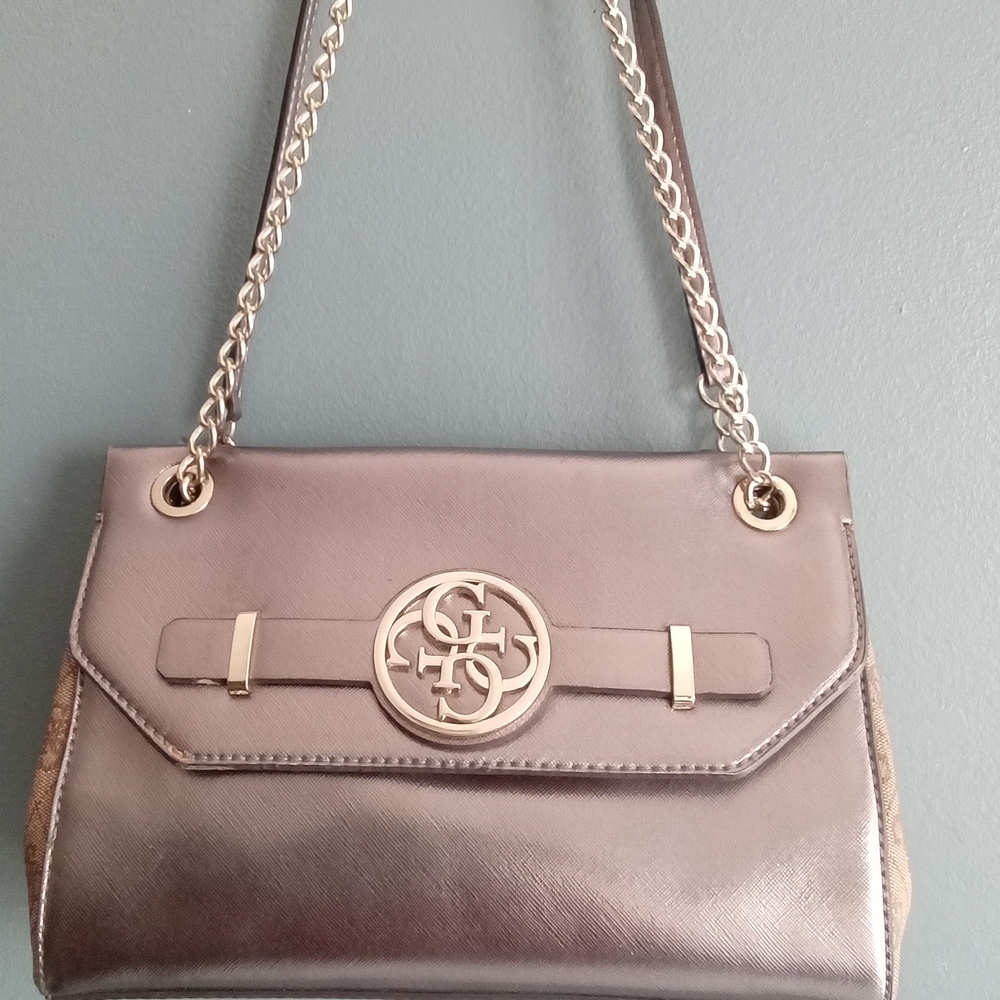 Guess Los Angeles Metallic Pewter Chain Shoulder Bag G Logo Handbag